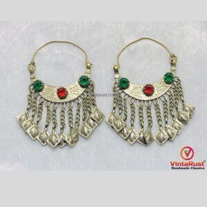 Gypsy Boho Kuchi Earrings: Afghan Tribal Hoops with Glass Stone & Tassels